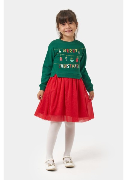 Kız Çocuk Pamuklu Yeşil Üst Kırmızı Tüllü Yeni Yıl Temalı Elbise - Merry Christmas Baskılı fiyatları