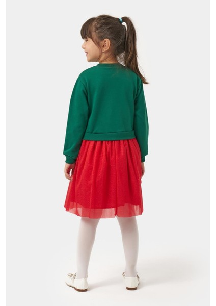 Kız Çocuk Pamuklu Yeşil Üst Kırmızı Tüllü Yeni Yıl Temalı Elbise - Merry Christmas Baskılı modelleri