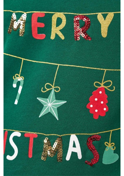 Kız Çocuk Pamuklu Yeşil Üst Kırmızı Tüllü Yeni Yıl Temalı Elbise - Merry Christmas Baskılı indirimleri