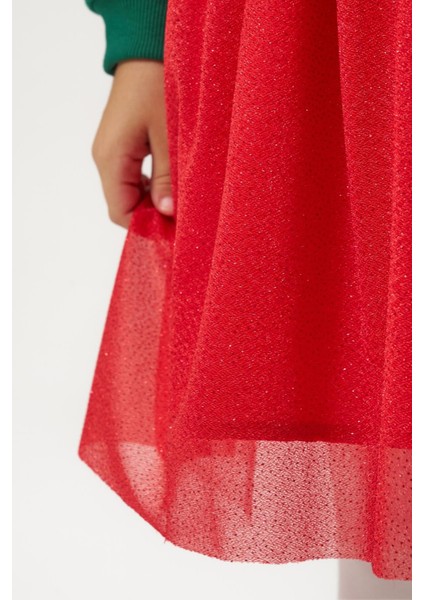 Kız Çocuk Pamuklu Yeşil Üst Kırmızı Tüllü Yeni Yıl Temalı Elbise - Merry Christmas Baskılı