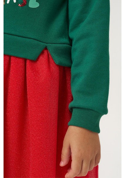 Kız Çocuk Pamuklu Yeşil Üst Kırmızı Tüllü Yeni Yıl Temalı Elbise - Merry Christmas Baskılı