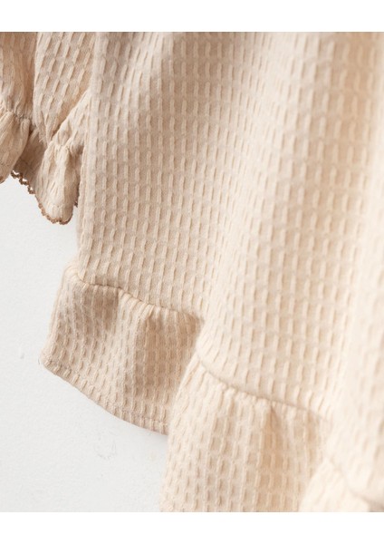 Kız Çocuk Pamuklu Bej Kalp Nakışlı Fırfırlı Elbise ve Saç Bandı Seti - Waffle Dokulu modelleri