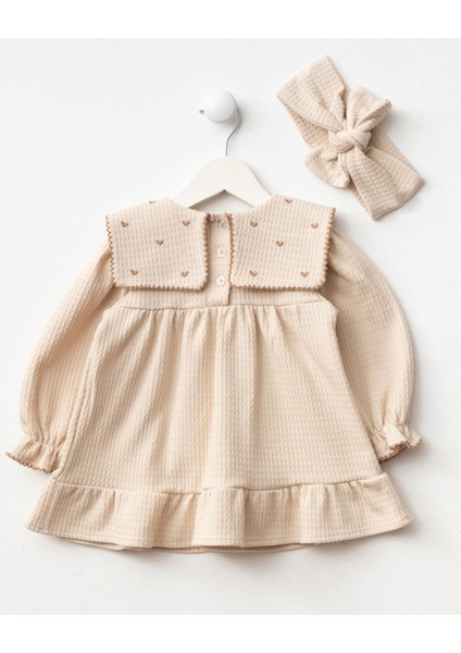 Kız Çocuk Pamuklu Bej Kalp Nakışlı Fırfırlı Elbise ve Saç Bandı Seti - Waffle Dokulu indirimleri
