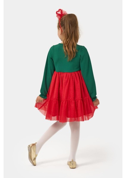 Kız Çocuk Pamuklu Yeşil Kalpli Uzun Kollu Tüllü Kırmızı Etekli Elbise - Yılbaşı Konseptli fırsatları