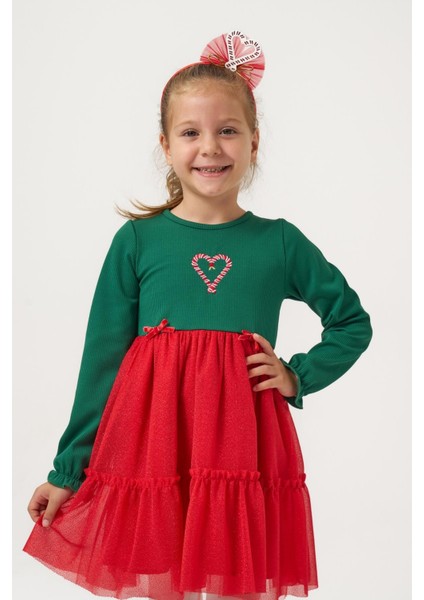 Kız Çocuk Pamuklu Yeşil Kalpli Uzun Kollu Tüllü Kırmızı Etekli Elbise - Yılbaşı Konseptli indirimleri