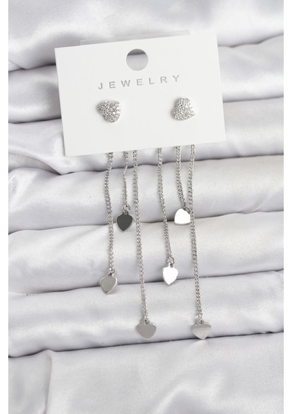 Kalp Model Gümüş Renk Pirinç Sallantılı Kadın Küpe