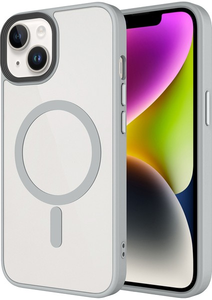 iPhone 14 Plus Kılıf Mat Arka Yüzey Wireless Şarj Özellikli Zore Flet M-Safe Kapak - Gri