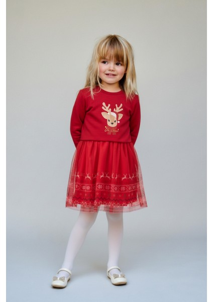 Kız Çocuk Pamuklu Kırmızı Geyik Desenli Tüllü Elbise - Yılbaşı Konseptli Oh Deer Baskılı