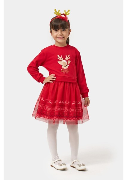 Kız Çocuk Pamuklu Kırmızı Geyik Desenli Tüllü Elbise - Yılbaşı Konseptli Oh Deer Baskılı fiyatları