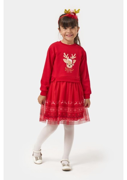Kız Çocuk Pamuklu Kırmızı Geyik Desenli Tüllü Elbise - Yılbaşı Konseptli Oh Deer Baskılı modelleri