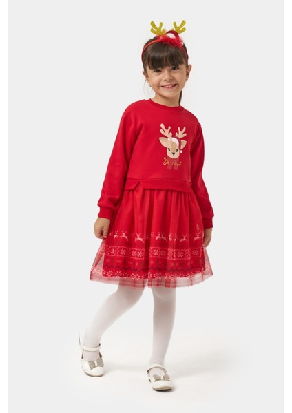 Kız Çocuk Pamuklu Kırmızı Geyik Desenli Tüllü Elbise - Yılbaşı Konseptli Oh Deer Baskılı fırsatları