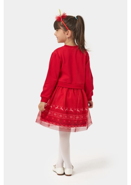 Kız Çocuk Pamuklu Kırmızı Geyik Desenli Tüllü Elbise - Yılbaşı Konseptli Oh Deer Baskılı indirimleri