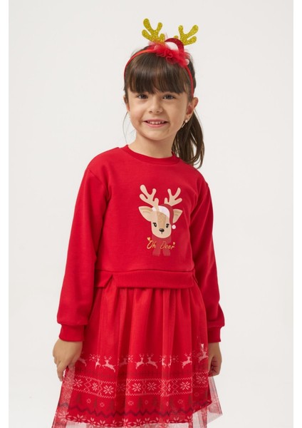 Kız Çocuk Pamuklu Kırmızı Geyik Desenli Tüllü Elbise - Yılbaşı Konseptli Oh Deer Baskılı