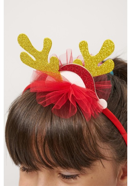 Kız Çocuk Pamuklu Kırmızı Geyik Desenli Tüllü Elbise - Yılbaşı Konseptli Oh Deer Baskılı