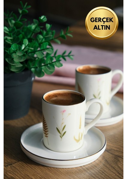 Porselen Natura Karma Altın Yaldızlı Kahve Fincan Takımı 90CC 2 Kişilik 4 Parça