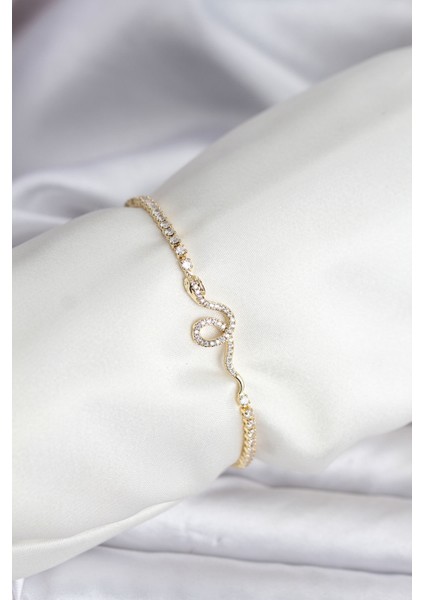 Yılan Model Zirkon Taşlı Gold Renk Pirinç Su Yolu Kadın Bileklik