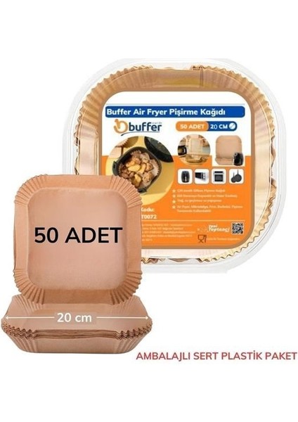 Buffer® 50 Adet Air Fryer Pişirme Kağıdı Tek Kullanımlık Yağ Geçirmez Yapışmaz Kare Tabak