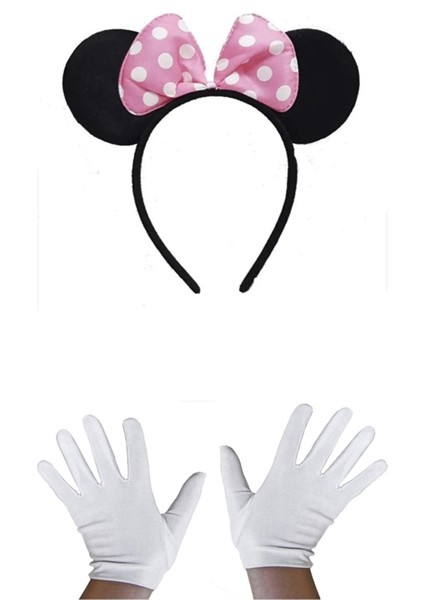 Fiyonklu Minnie Mouse Tacı ve Beyaz Eldiven Seti