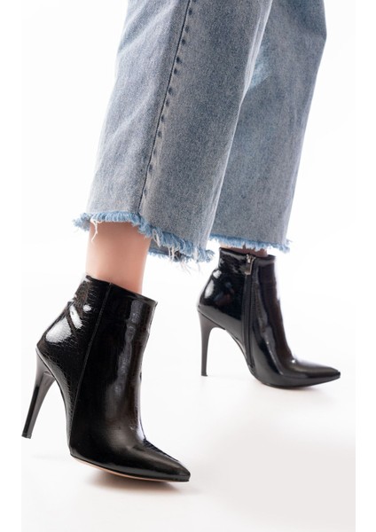ZRİN-4802 Premium Siyah Kroko Yüksek Ince Topuklu Fermuarlı Kadın Bot