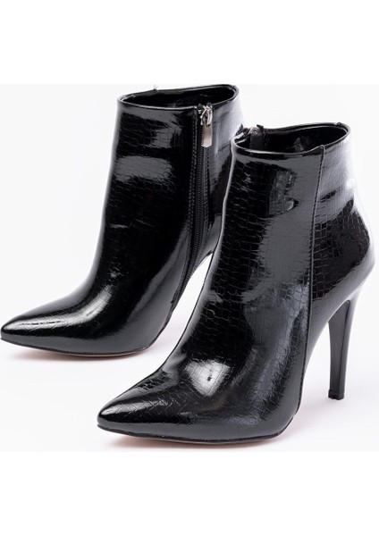 ZRİN-4802 Premium Siyah Kroko Yüksek Ince Topuklu Fermuarlı Kadın Bot modelleri