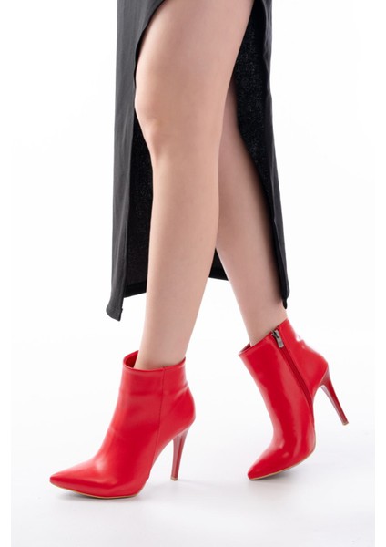 ZRİN-4802 Premium Kırmızı Yüksek Ince Topuklu Fermuarlı Kadın Bot