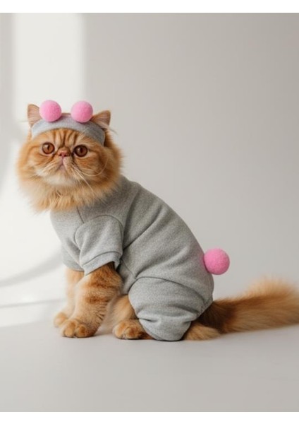 Ponpon Şeker Kedi Tulumu & Bere Takımı | Şardonlu Polar Kumaş | Tüy Dökülmesini Azaltır