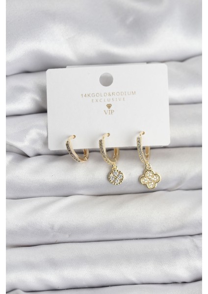 Pirinç Gold Renk Yonca Model 3'lü Kadın Küpe Seti - Lisinya