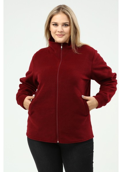 Unisex Kışlık Polar Hırka Bordo Fermuarlı Kışlık