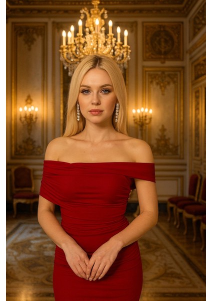 Kadın Kırmızı Asimetrik Yakalı Tasarım Yılbaşı Abiye Elbise