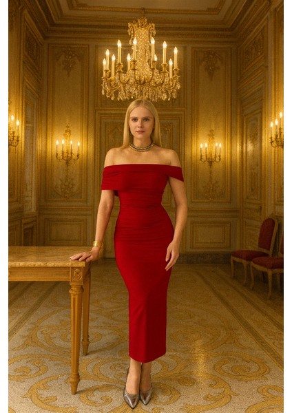 Kadın Kırmızı Asimetrik Yakalı Tasarım Yılbaşı Abiye Elbise modelleri