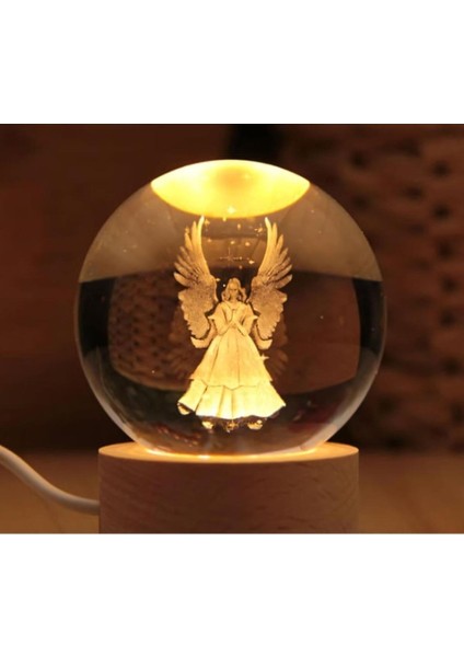 Özel Hediye Için Ahşap Alt LED Işıklı Dekor Kanatlı Melek Cam Küre 6cm