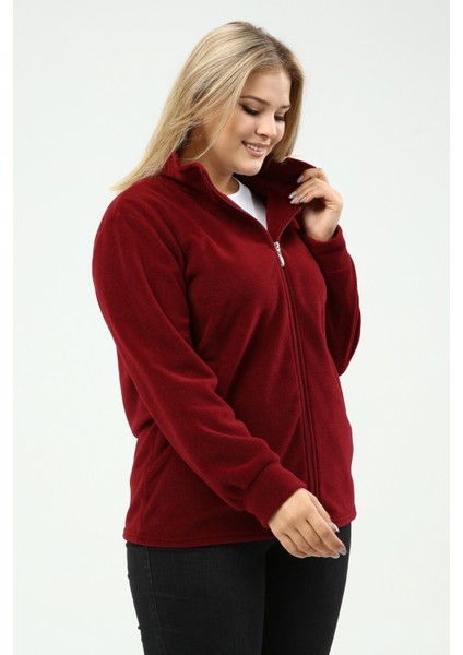 Unisex Kışlık Polar Hırka Bordo Fermuarlı Kışlık