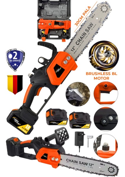 TRN3459 Otomatik Yağ Pompalı 32 cm Palalı 10 Pilli 2x Akülü Dal Budama Ağaç Kesme Makinesi