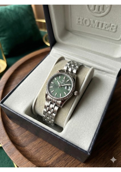 Kadın Gümüş Renk Saat Yeşil Kadran\özel Gün Hediyesi