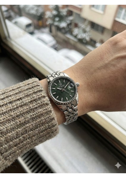 Kadın Gümüş Renk Saat Yeşil Kadran\özel Gün Hediyesi
