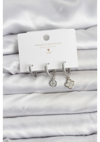 Pirinç Gümüş Renk Yonca Model 3'lü Kadın Küpe Seti