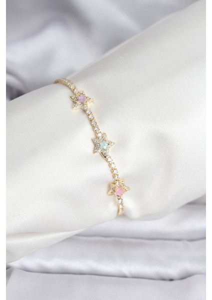 Renkli Yıldız Model Zirkon Taşlı Gold Renk Pirinç Su Yolu Kadın Bileklik
