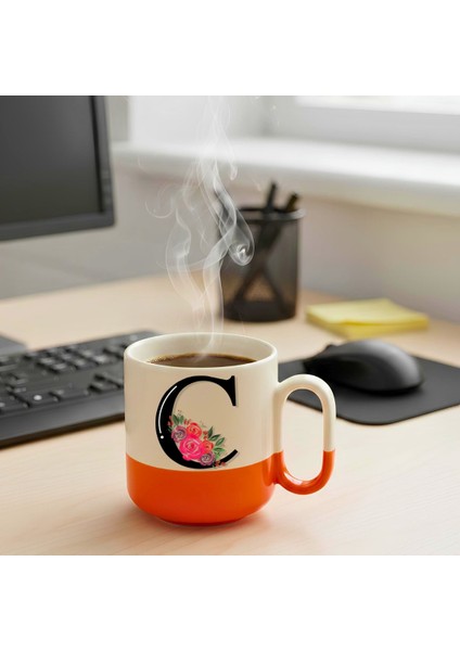 Çiçekli C Harfi Tasarımlı-Kişiye Özel Seramik Kupa