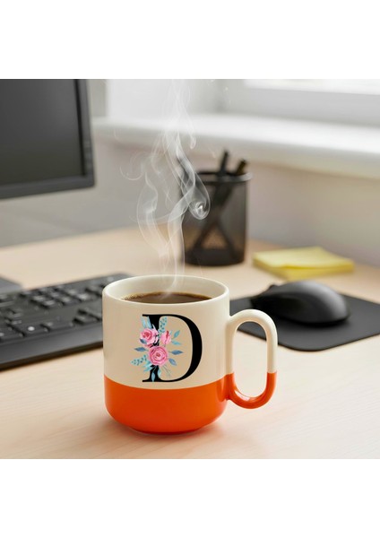 Çiçekli D Harfi Tasarımlı-Kişiye Özel Seramik Kupa