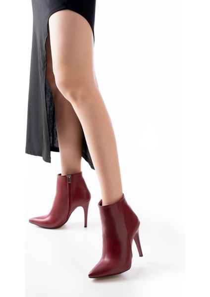 ZRİN-4802 Premium Bordo Yüksek Ince Topuklu Fermuarlı Kadın Bot