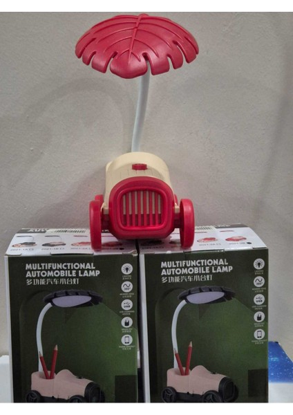 Kırmızı -Krem Sevimli Antika Araba Görünümlü Masa Lambası, Kalemlik, Telefon Tutacağı