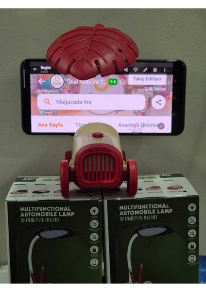 Kırmızı -Krem Sevimli Antika Araba Görünümlü Masa Lambası, Kalemlik, Telefon Tutacağı modelleri