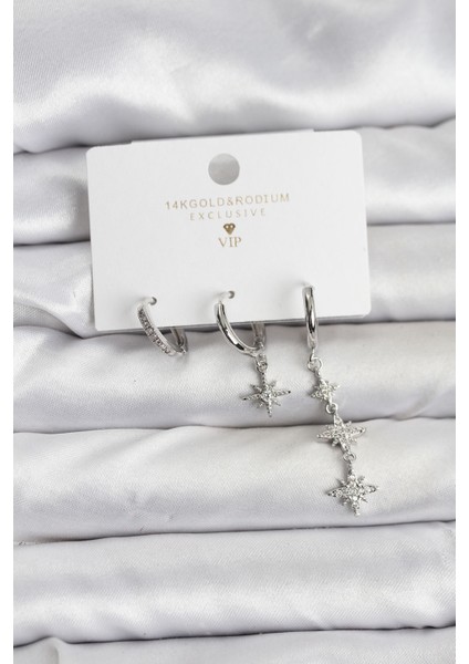 Kutup Yıldızı Model Gümüş Renk Pirinç 3'lü Kadın Küpe Seti