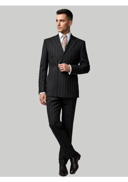 Siyah Çizgili Kruvaze Modern Fit Takım Elbise | Premium Collection