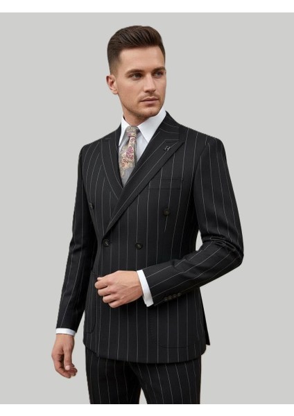 Siyah Çizgili Kruvaze Modern Fit Takım Elbise | Premium Collection fiyatları