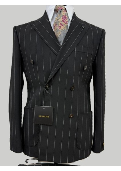 Siyah Çizgili Kruvaze Modern Fit Takım Elbise | Premium Collection modelleri