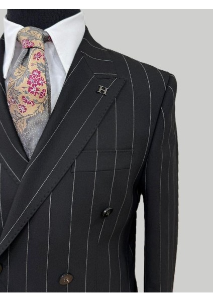 Siyah Çizgili Kruvaze Modern Fit Takım Elbise | Premium Collection fırsatları