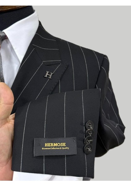 Siyah Çizgili Kruvaze Modern Fit Takım Elbise | Premium Collection indirimleri