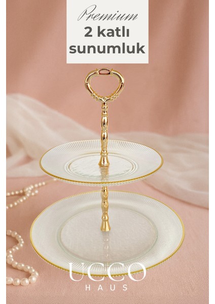 2 Katlı Sensu Premium Lüks Gold Cam Sunumluk Tabak | Çay Saati Kahve Yanı Kek Kurabiye Lokum Standı
