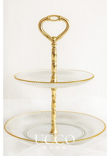 2 Katlı Sensu Premium Lüks Gold Cam Sunumluk Tabak | Çay Saati Kahve Yanı Kek Kurabiye Lokum Standı
